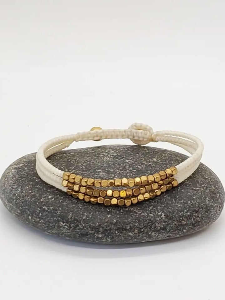 Beaded Brass and Cream Stone Cord Bracelet