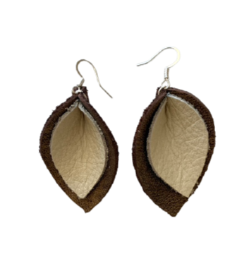 Large Cream + Brown Custom Leather Earrings by Lenehan Studios