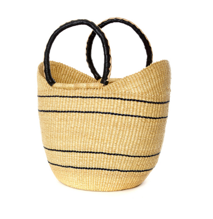 Natural Pinstripe Bolga Shopper with Leather Handles