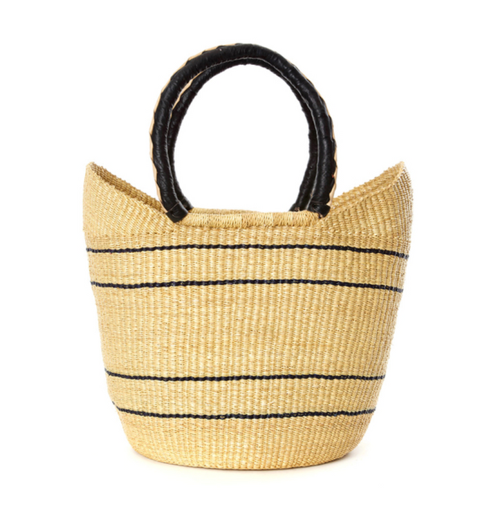 Natural Pinstripe Bolga Shopper with Leather Handles