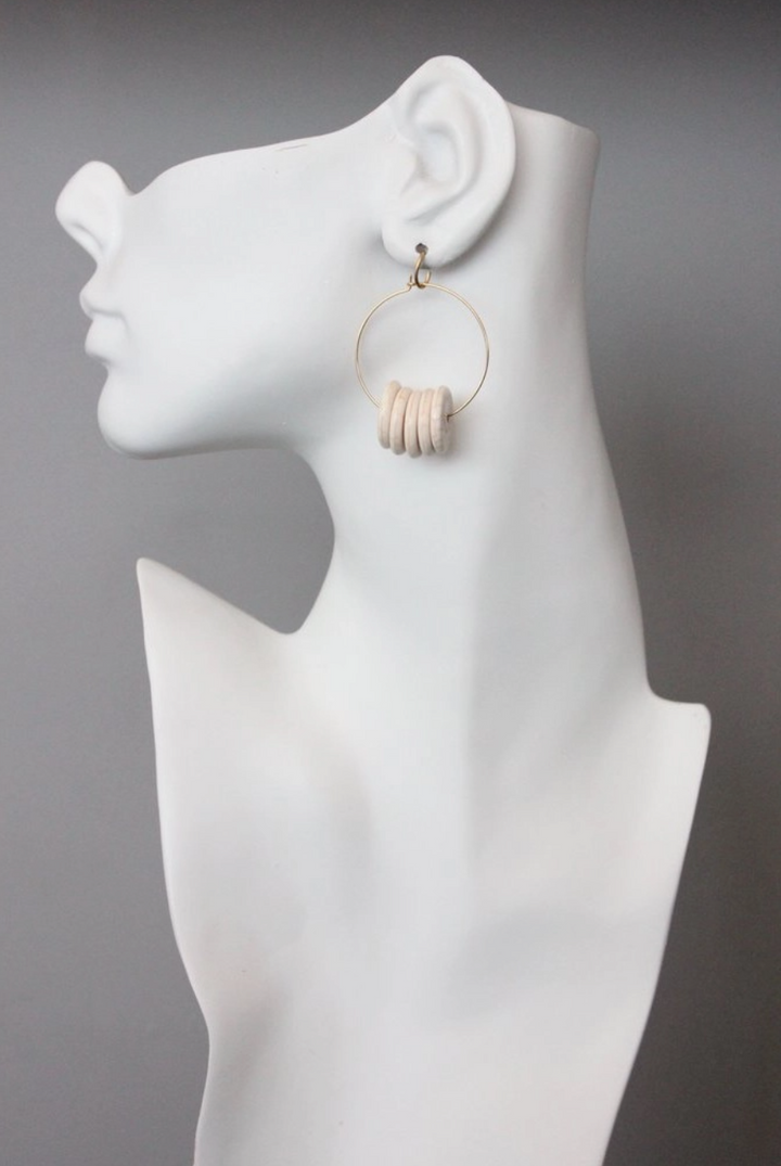 Crackled Cream Magnesite Brass Hoop Earrings