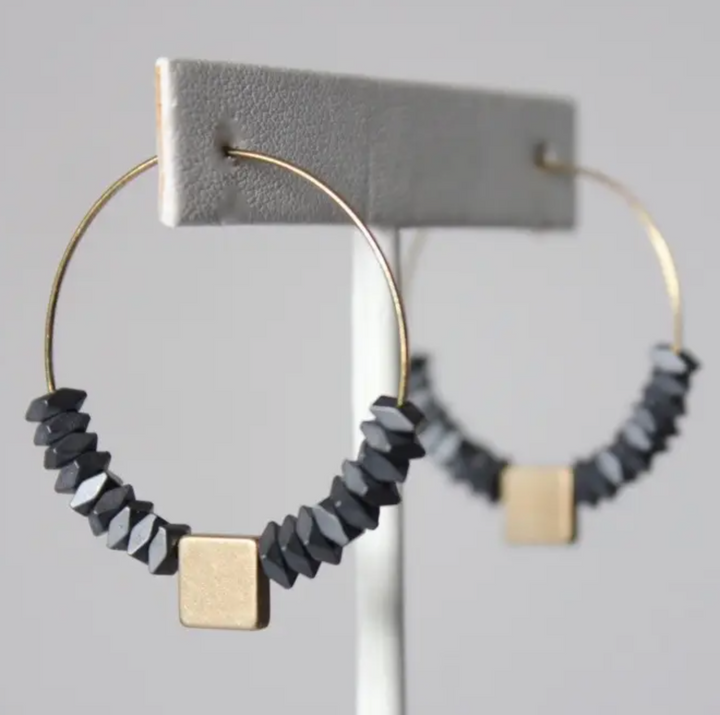 Hematite Beaded Brass Hoop Earrings