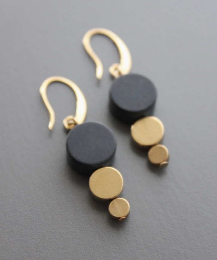 Circles Black Agate + Brass Earrings