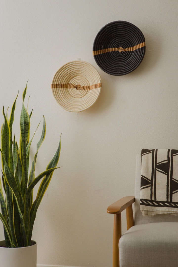 12" Large Banana Striped Black Round Basket