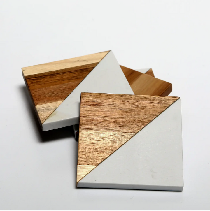 Marble and Acacia Wood Drinks Coasters Set of 4