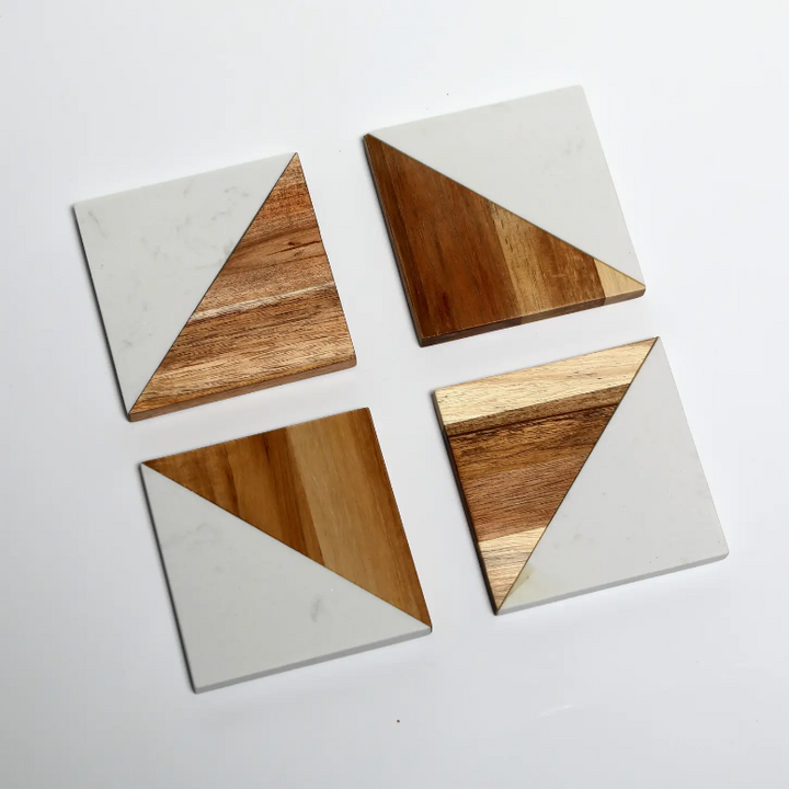 Marble and Acacia Wood Drinks Coasters Set of 4