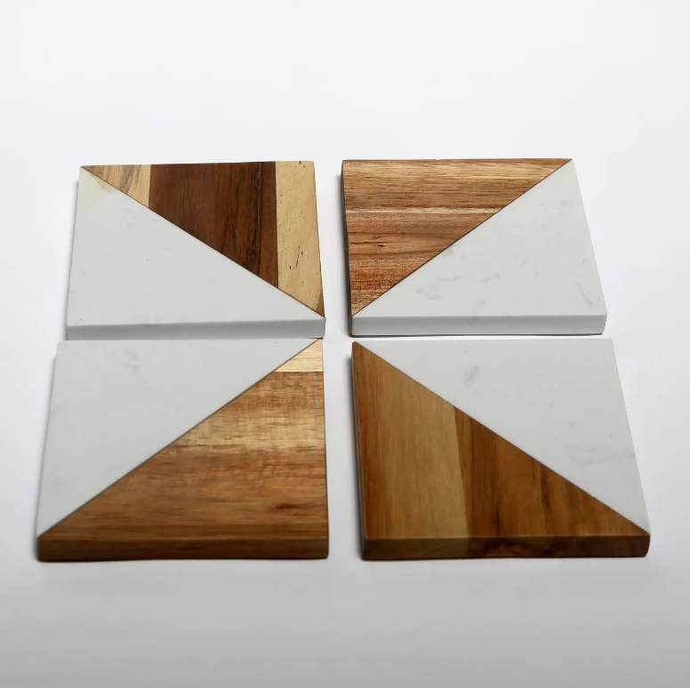 Marble and Acacia Wood Drinks Coasters Set of 4