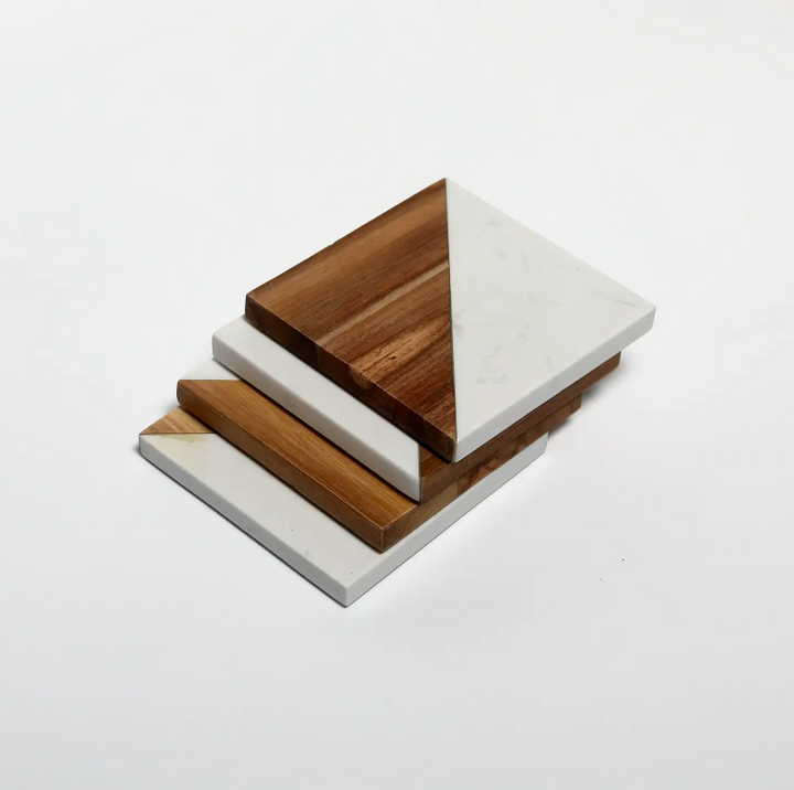 Marble and Acacia Wood Drinks Coasters Set of 4