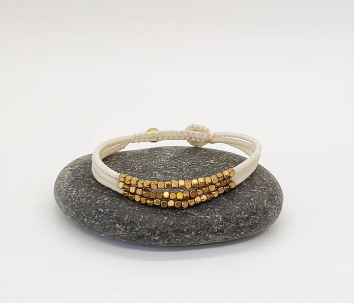 Beaded Brass and Cream Stone Cord Bracelet
