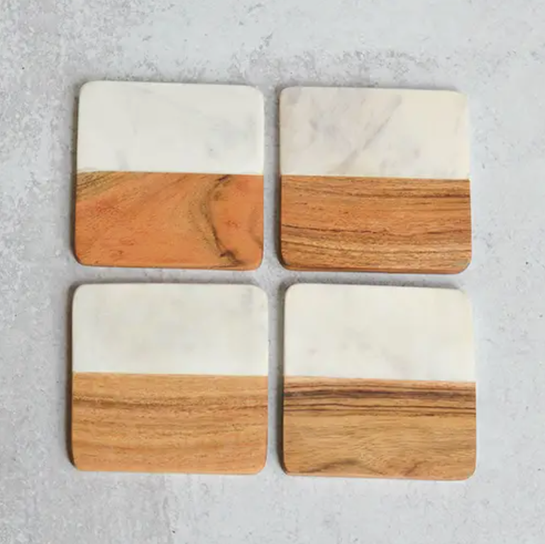 Marble + Acacia Wood Square Coasters Set of 4