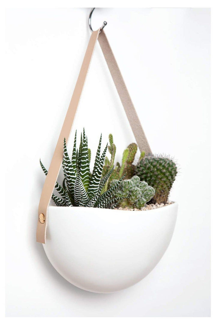 Ceramic Hanging Wall Planter with Leather Strap